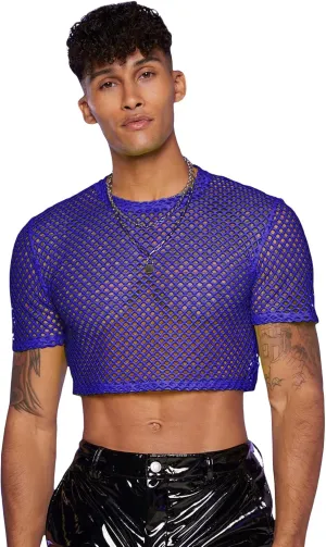 WDIRARA Men's Fishnet Mesh Tee Shirt Round Neck Short Sleeve Crop Top