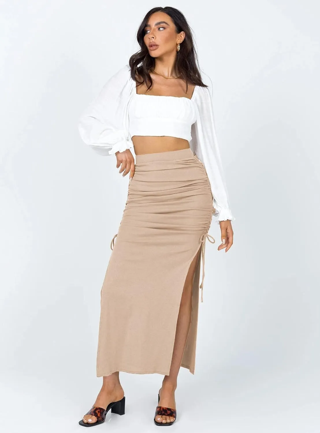 Women Boho Slit Midi Skirt Floral Elastic High Waisted Sexy Skirt