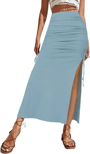 Women Boho Slit Midi Skirt Floral Elastic High Waisted Sexy Skirt