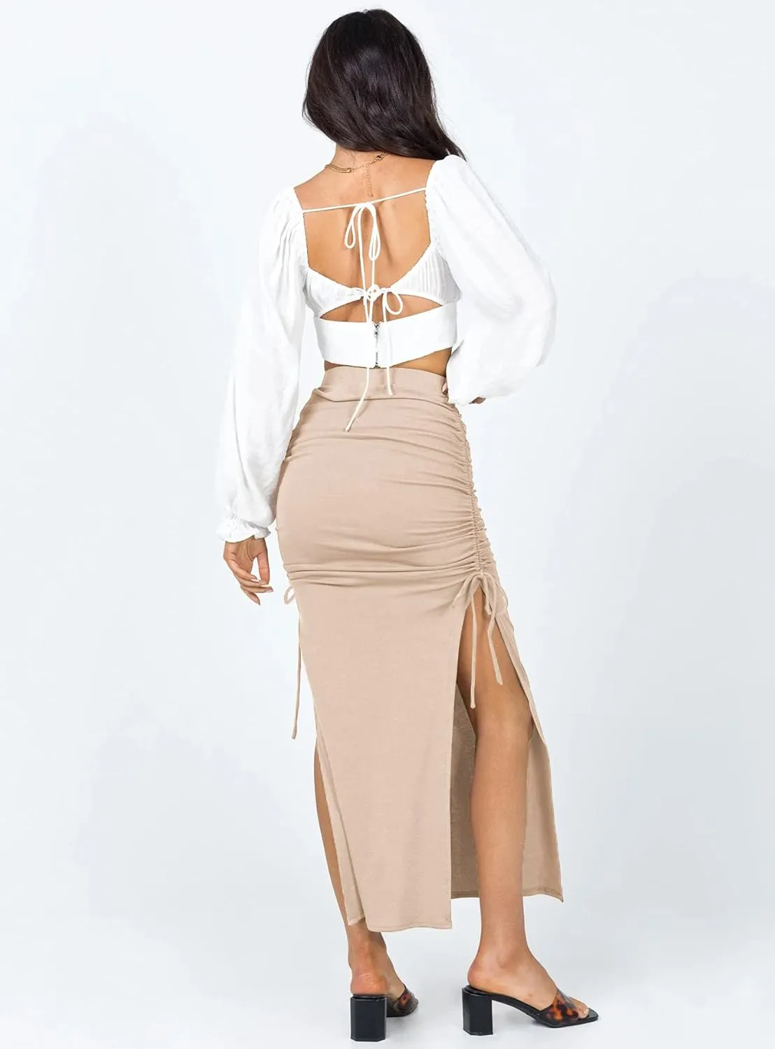 Women Boho Slit Midi Skirt Floral Elastic High Waisted Sexy Skirt