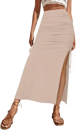 Women Boho Slit Midi Skirt Floral Elastic High Waisted Sexy Skirt