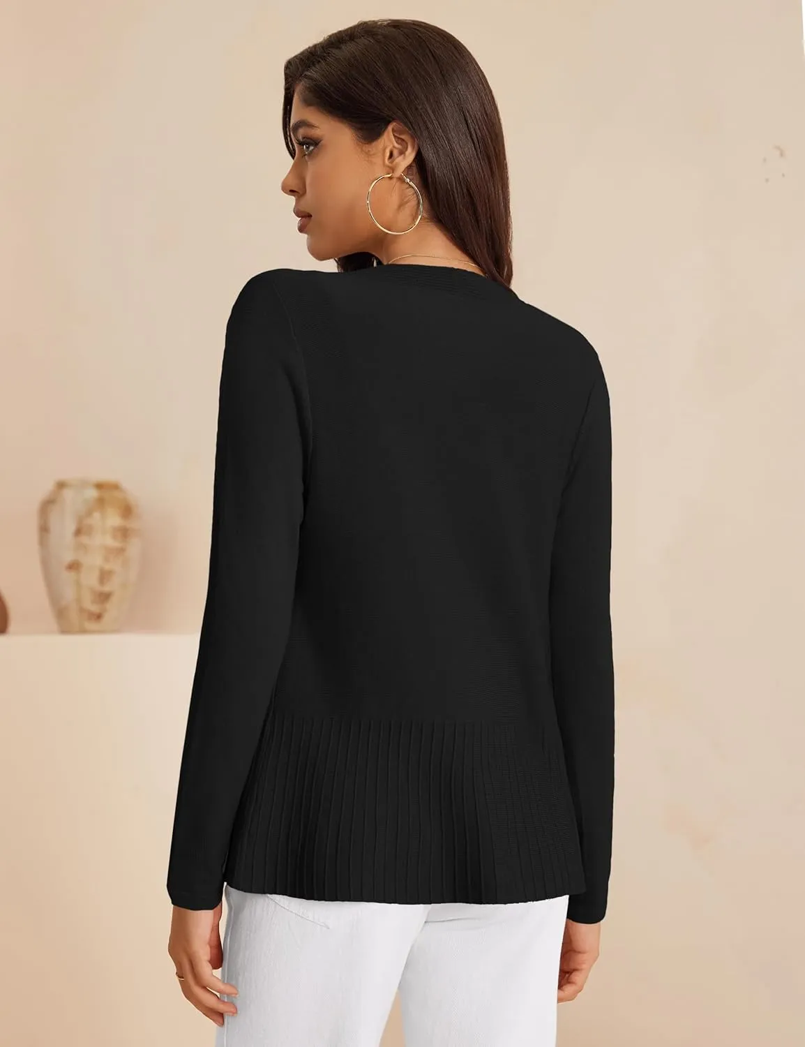 Women's Casual Open Front Sweater Long Sleeve Rib Knit Draped Cardigan