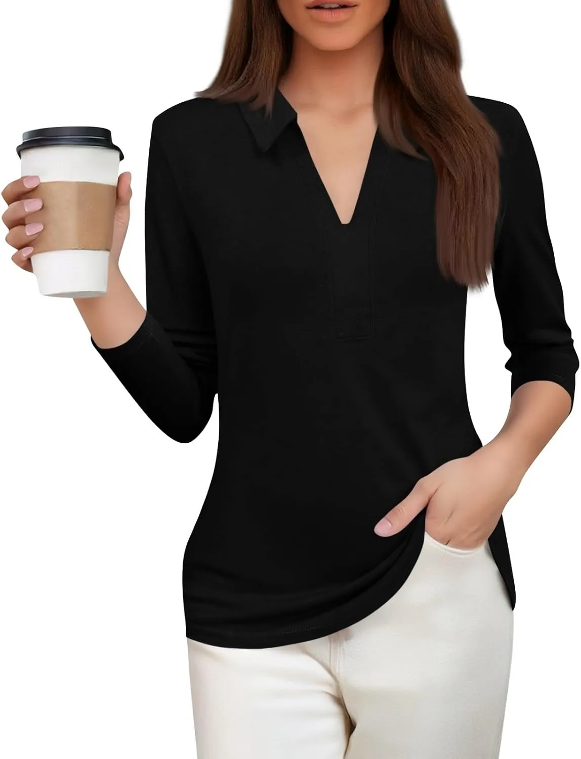 Women's Fashion Shirt Collared 3/4 Length Sleeve Solid Color Blouse Summer 2025 V Neck Polo Business Work Tops