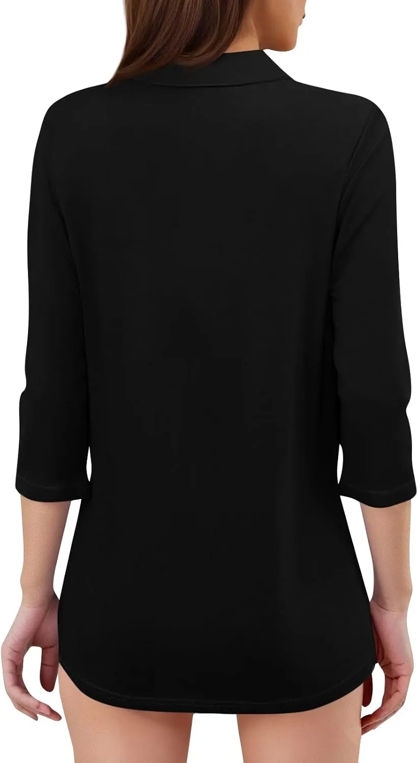 Women's Fashion Shirt Collared 3/4 Length Sleeve Solid Color Blouse Summer 2025 V Neck Polo Business Work Tops