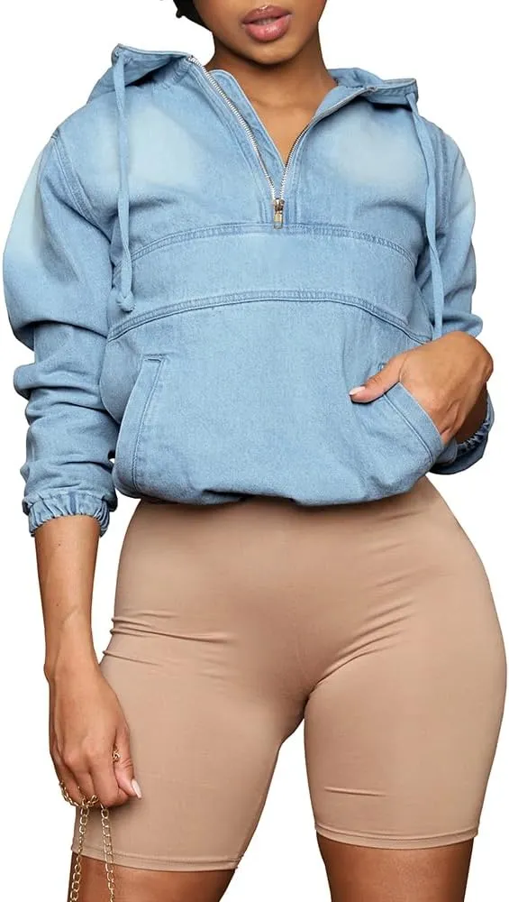 Women's Half Zip Denim Hoodie Pullover Jacket Jean Tops
