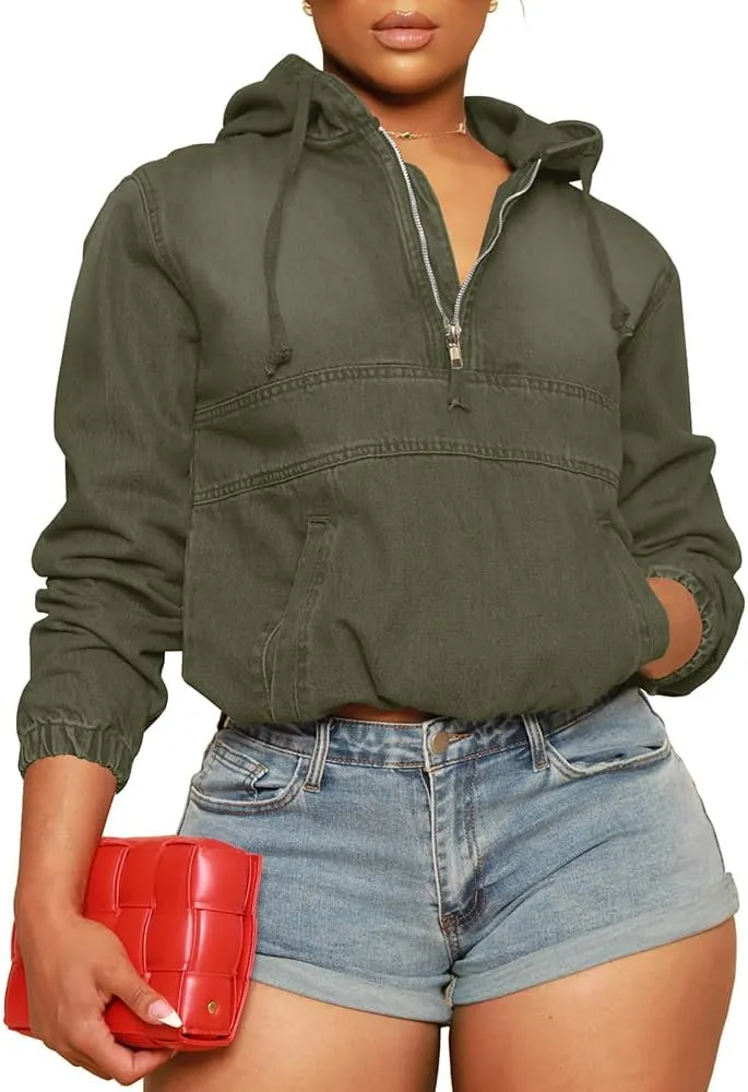 Women's Half Zip Denim Hoodie Pullover Jacket Jean Tops