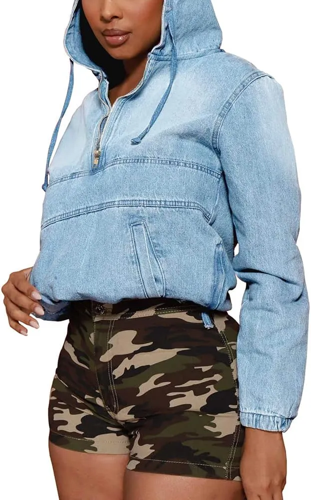 Women's Half Zip Denim Hoodie Pullover Jacket Jean Tops