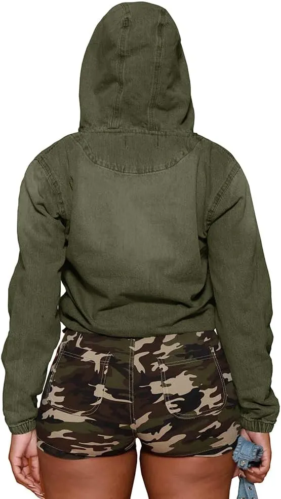 Women's Half Zip Denim Hoodie Pullover Jacket Jean Tops