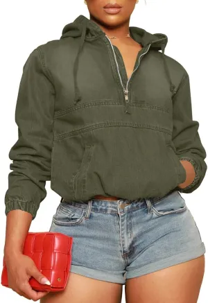 Women's Half Zip Denim Hoodie Pullover Jacket Jean Tops