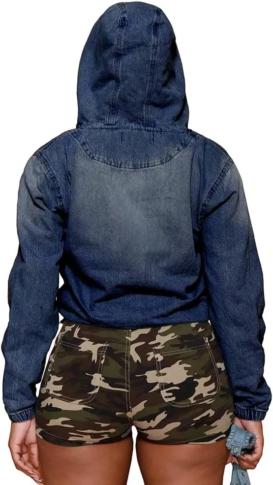 Women's Half Zip Denim Hoodie Pullover Jacket Jean Tops