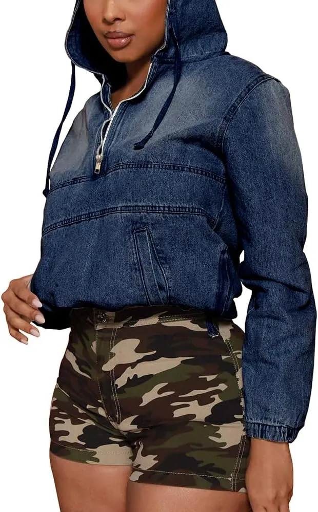 Women's Half Zip Denim Hoodie Pullover Jacket Jean Tops
