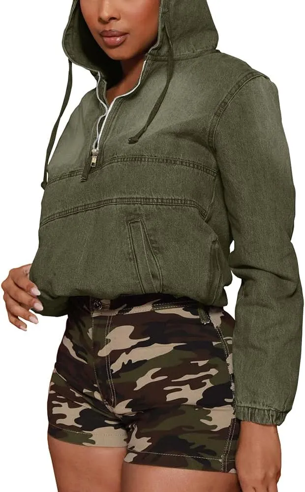 Women's Half Zip Denim Hoodie Pullover Jacket Jean Tops