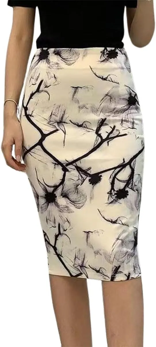 Womens Print Midi Pencil Skirt High Waisted Stretch Office Straight Spit Skirt