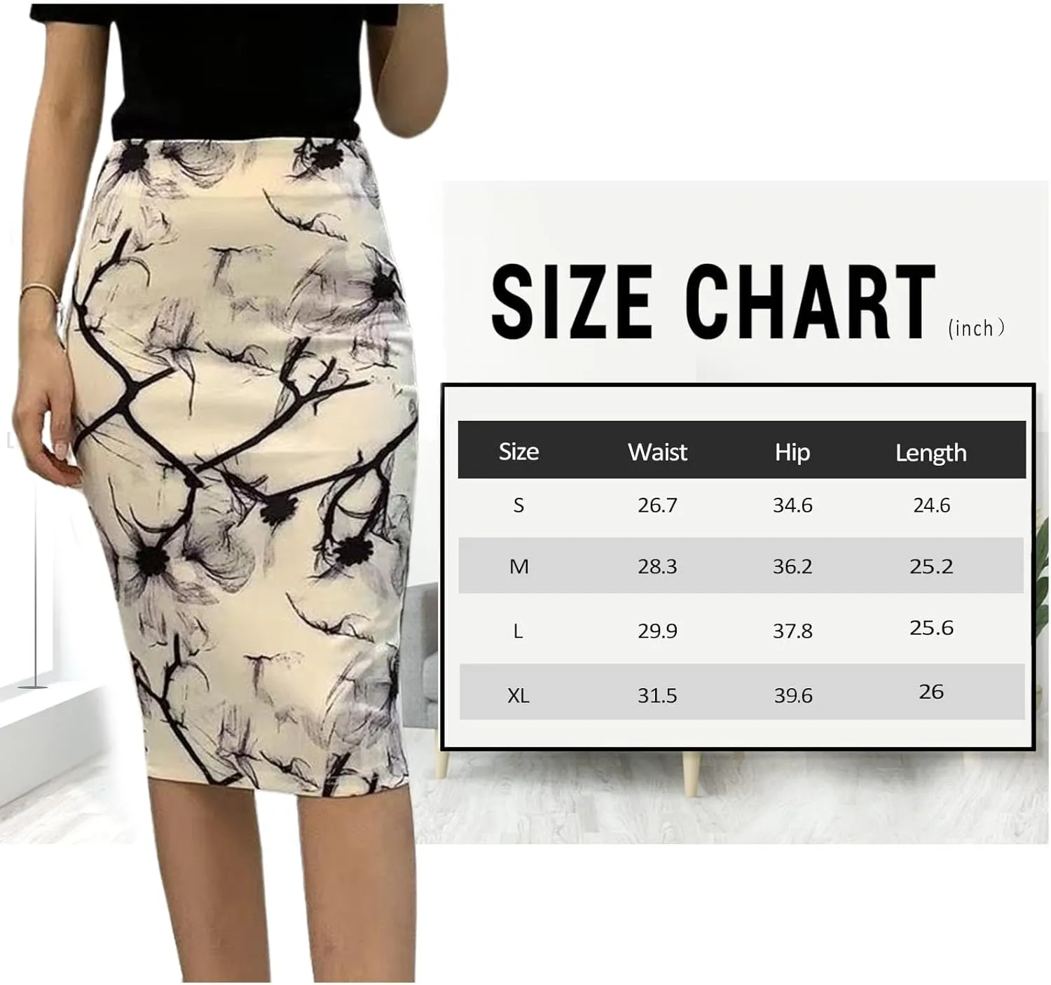 Womens Print Midi Pencil Skirt High Waisted Stretch Office Straight Spit Skirt