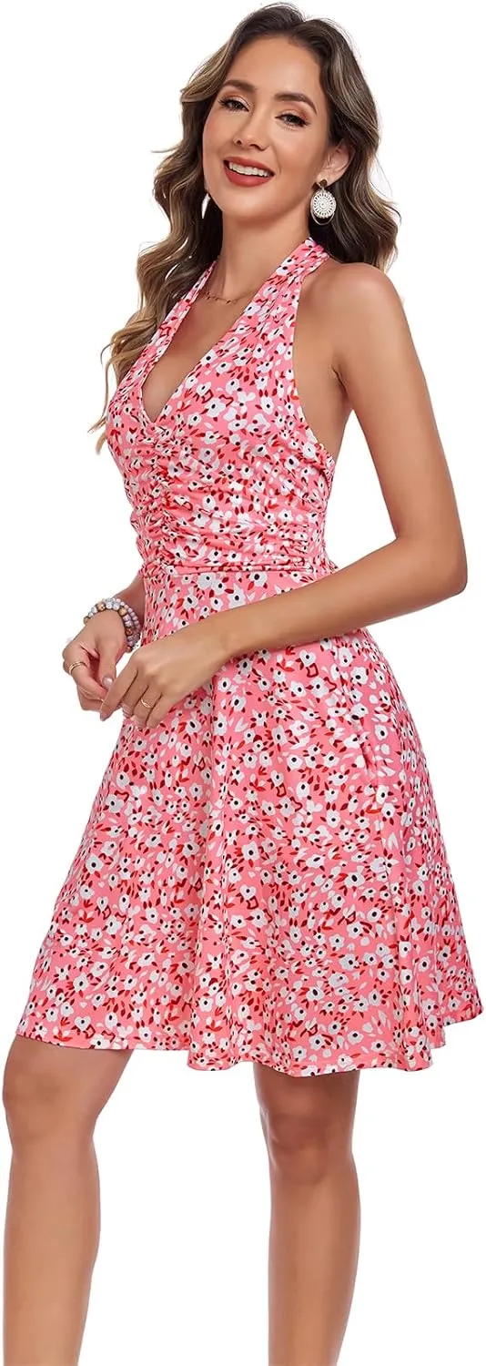 Women's Summer Dresses Sleeveless Halter V Neck Womens Sundress Spring 2025 Floral Dress for Women with Pocket Elastic Waist