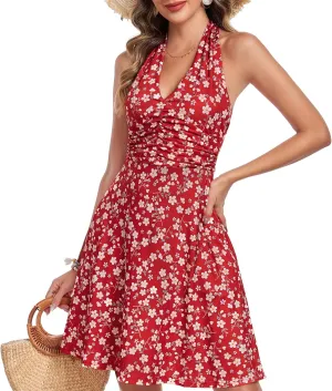 Women's Summer Dresses Sleeveless Halter V Neck Womens Sundress Spring 2025 Floral Dress for Women with Pocket Elastic Waist