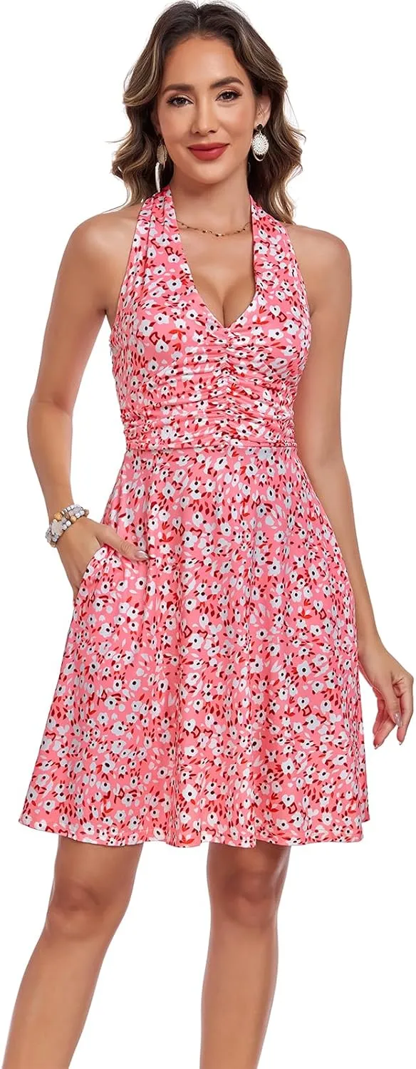 Women's Summer Dresses Sleeveless Halter V Neck Womens Sundress Spring 2025 Floral Dress for Women with Pocket Elastic Waist