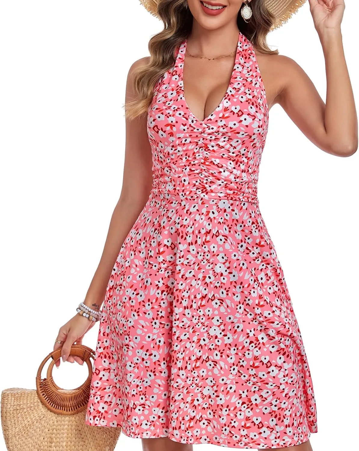Women's Summer Dresses Sleeveless Halter V Neck Womens Sundress Spring 2025 Floral Dress for Women with Pocket Elastic Waist