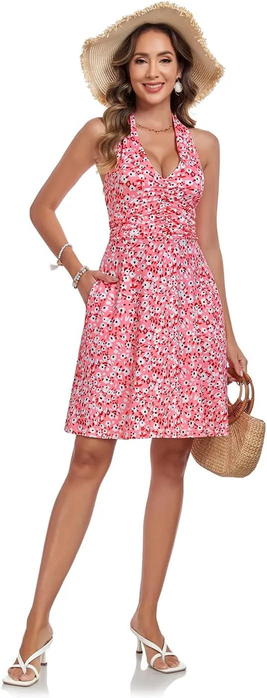 Women's Summer Dresses Sleeveless Halter V Neck Womens Sundress Spring 2025 Floral Dress for Women with Pocket Elastic Waist