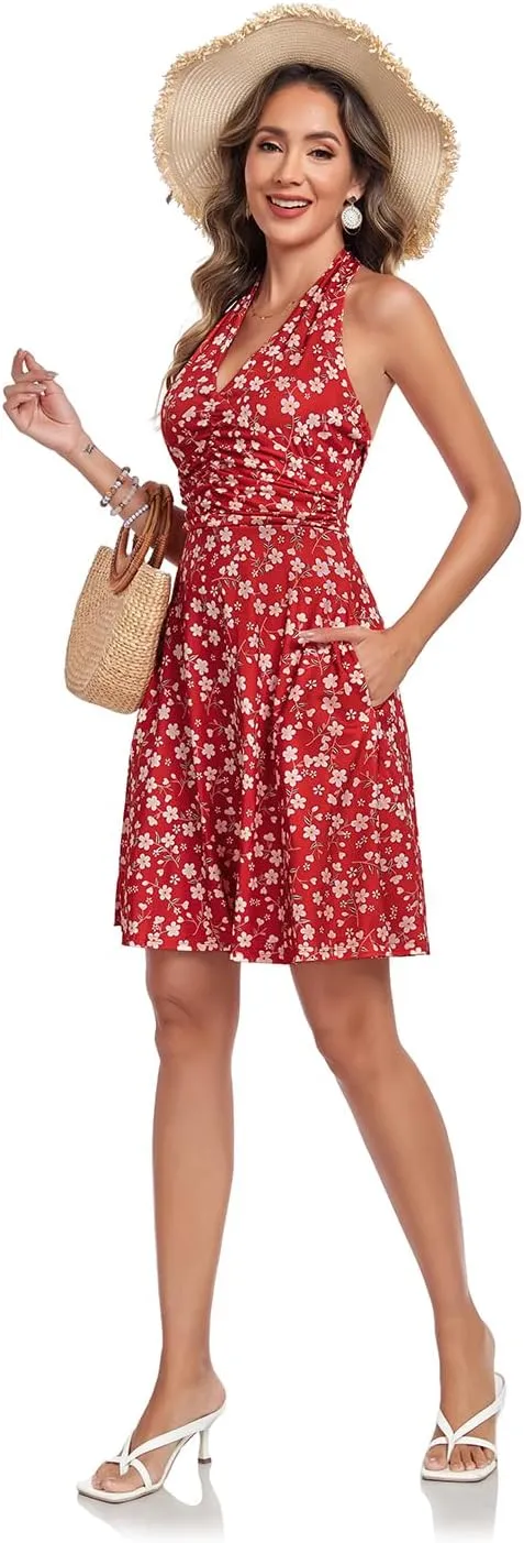 Women's Summer Dresses Sleeveless Halter V Neck Womens Sundress Spring 2025 Floral Dress for Women with Pocket Elastic Waist