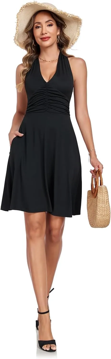 Women's Summer Dresses Sleeveless Halter V Neck Womens Sundress Spring 2025 Floral Dress for Women with Pocket Elastic Waist