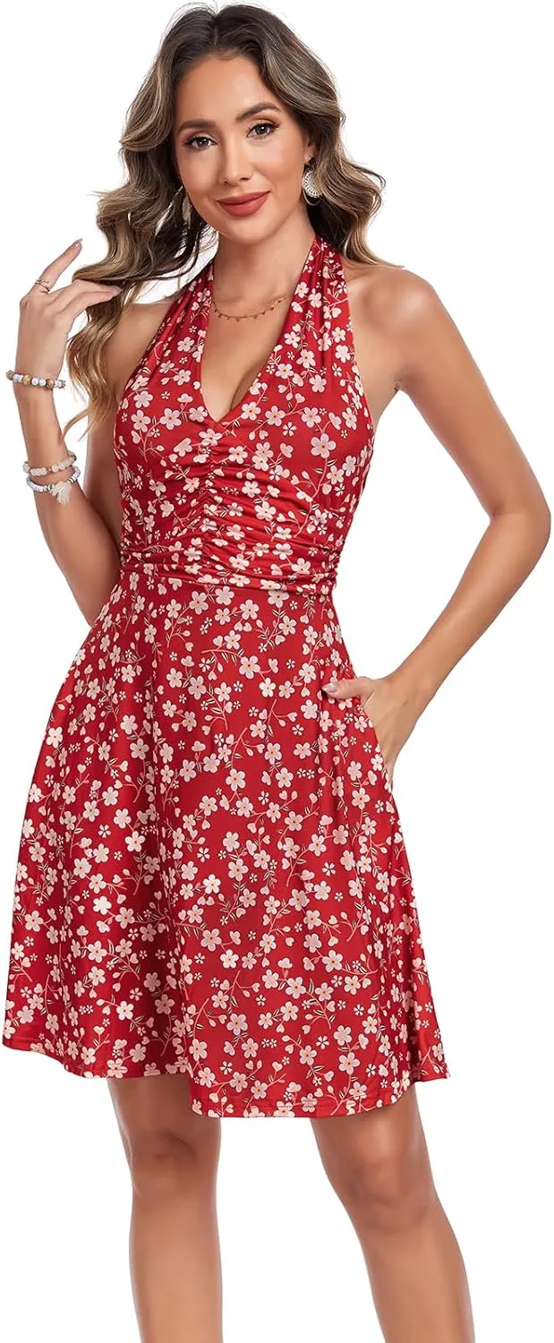 Women's Summer Dresses Sleeveless Halter V Neck Womens Sundress Spring 2025 Floral Dress for Women with Pocket Elastic Waist