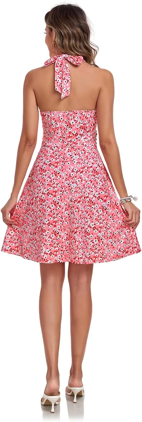 Women's Summer Dresses Sleeveless Halter V Neck Womens Sundress Spring 2025 Floral Dress for Women with Pocket Elastic Waist