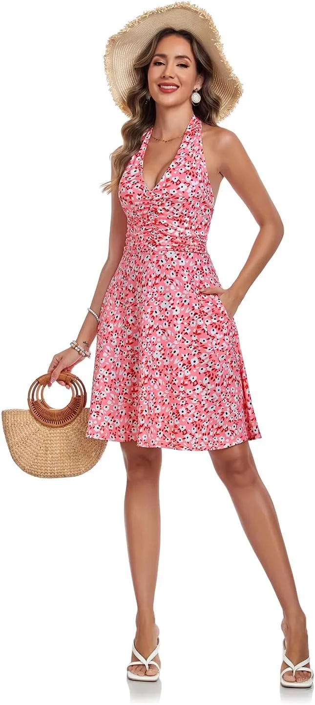 Women's Summer Dresses Sleeveless Halter V Neck Womens Sundress Spring 2025 Floral Dress for Women with Pocket Elastic Waist