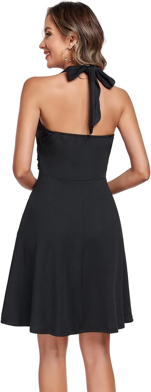 Women's Summer Dresses Sleeveless Halter V Neck Womens Sundress Spring 2025 Floral Dress for Women with Pocket Elastic Waist