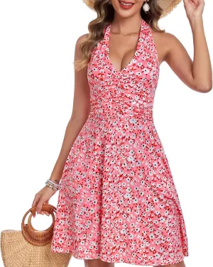 Women's Summer Dresses Sleeveless Halter V Neck Womens Sundress Spring 2025 Floral Dress for Women with Pocket Elastic Waist