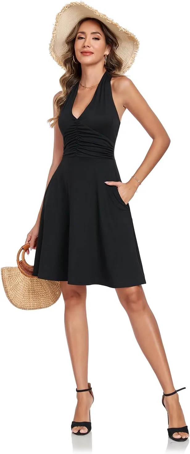 Women's Summer Dresses Sleeveless Halter V Neck Womens Sundress Spring 2025 Floral Dress for Women with Pocket Elastic Waist