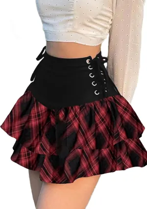 Womens Y2k Gothic Skirt High Waisted Lace Up Double Layered Ruffles Punk Mini Emo Skirts