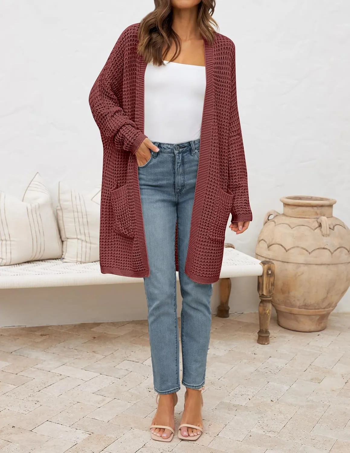 ZESICA Women's Fall Long Batwing Sleeve Open Front Chunky Knit Cardigan Sweater