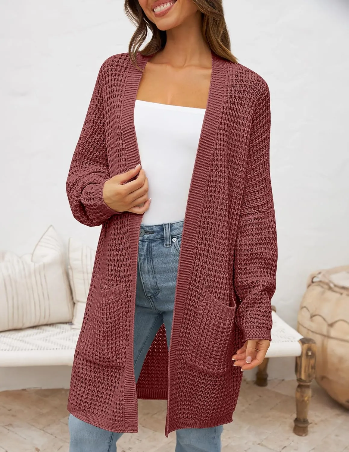 ZESICA Women's Fall Long Batwing Sleeve Open Front Chunky Knit Cardigan Sweater